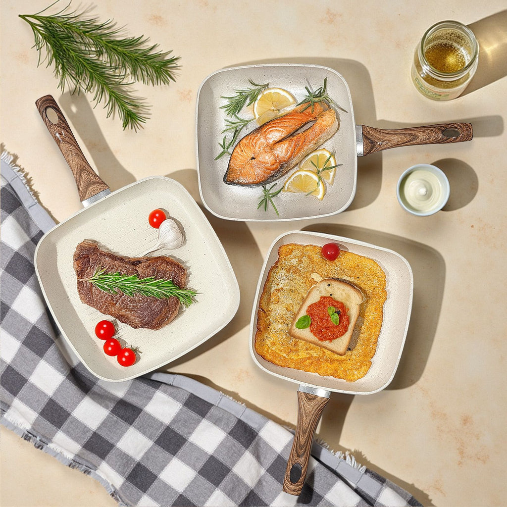 3-Piece Square Nonstick Frying Pan Set, 9.5"/10.2"/11", Oven Safe Cookware for All Stovetops, Cream
