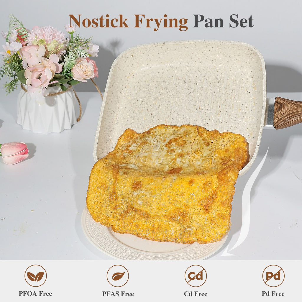 3-Piece Square Nonstick Frying Pan Set, 9.5"/10.2"/11", Oven Safe Cookware for All Stovetops, Cream
