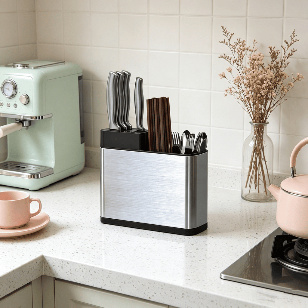 Stainless Steel Kitchen Utensil Holder with Knife Block & Divided Compartments - Silver/Black
