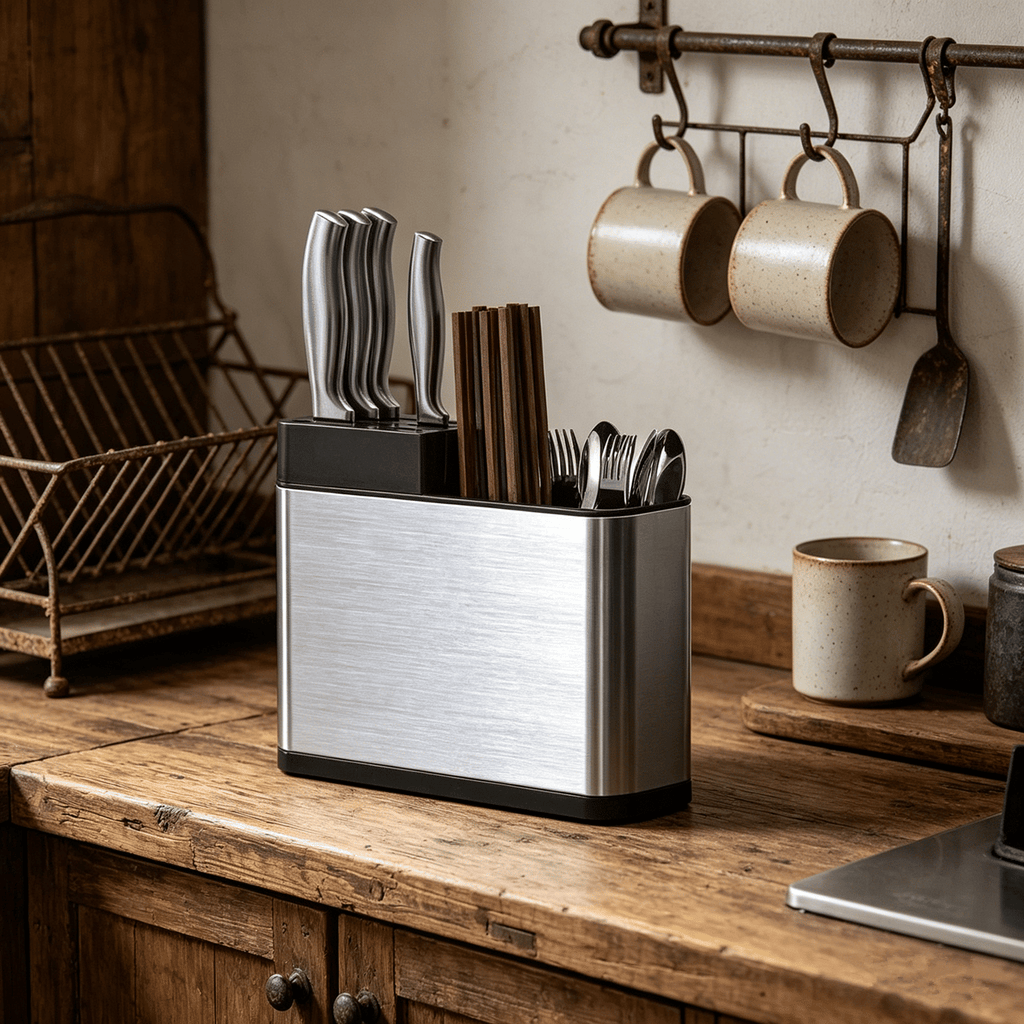 Stainless Steel Kitchen Utensil Holder with Knife Block & Divided Compartments - Silver/Black