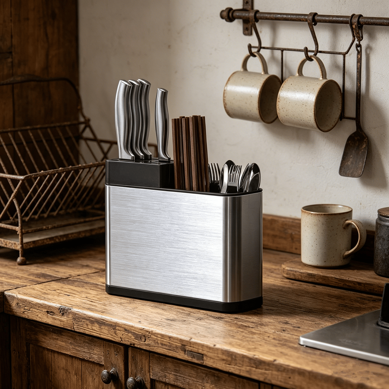 Stainless Steel Kitchen Utensil Holder with Knife Block & Divided Compartments - Silver/Black