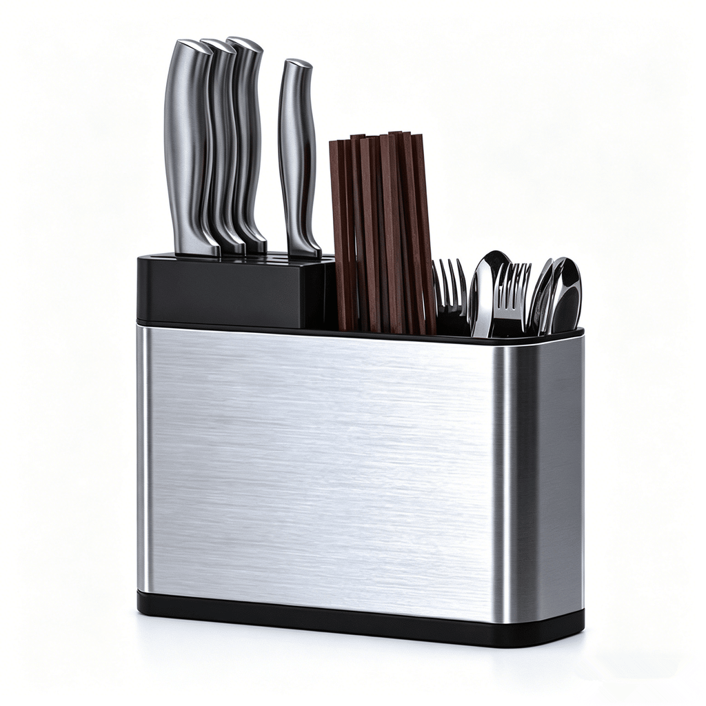 Stainless Steel Kitchen Utensil Holder with Knife Block & Divided Compartments - Silver/Black