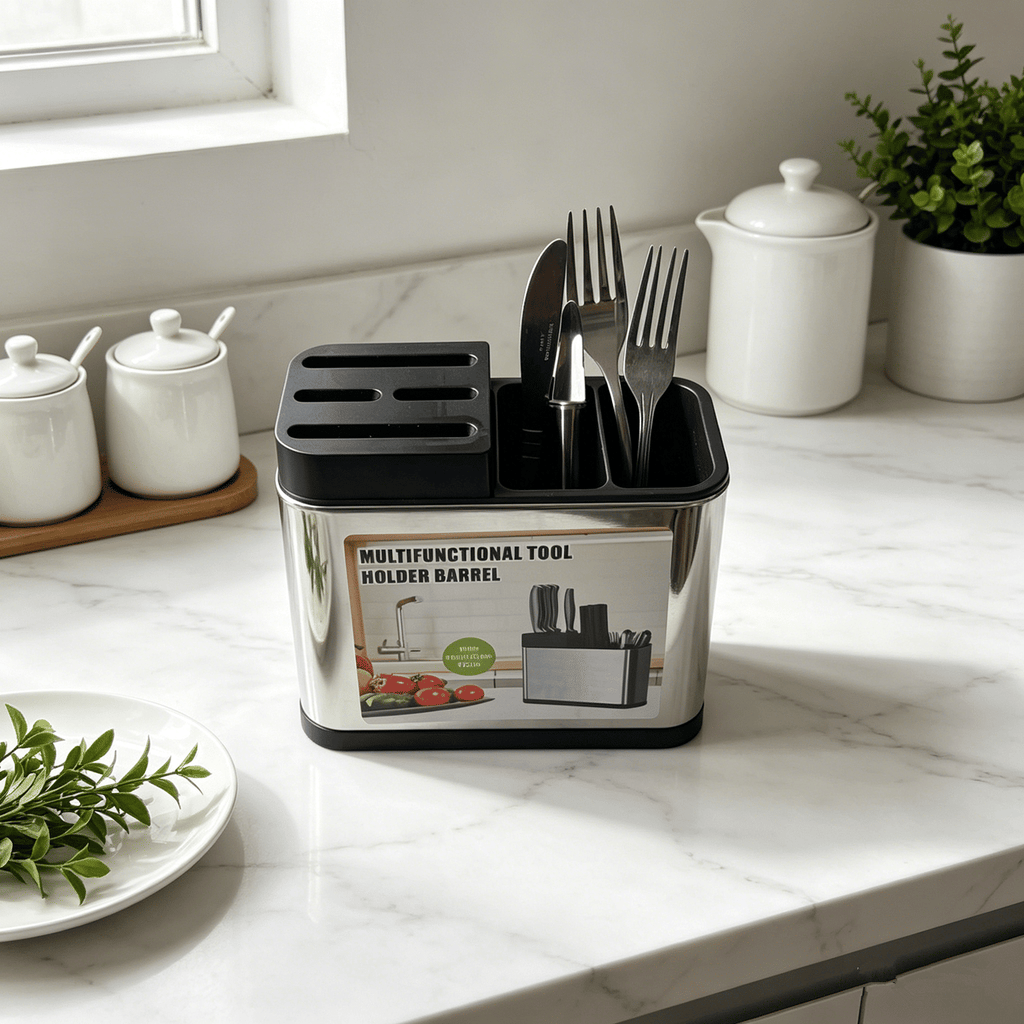 Stainless Steel Kitchen Utensil Holder with Knife Block & Divided Compartments - Silver/Black