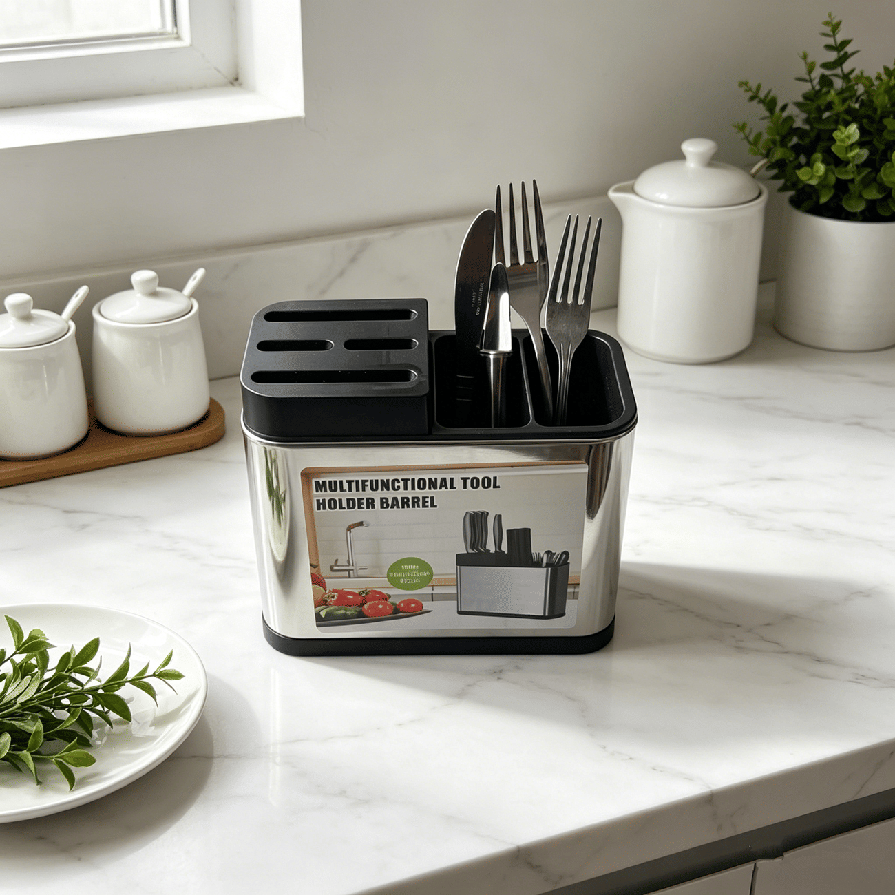 Stainless Steel Kitchen Utensil Holder with Knife Block & Divided Compartments - Silver/Black