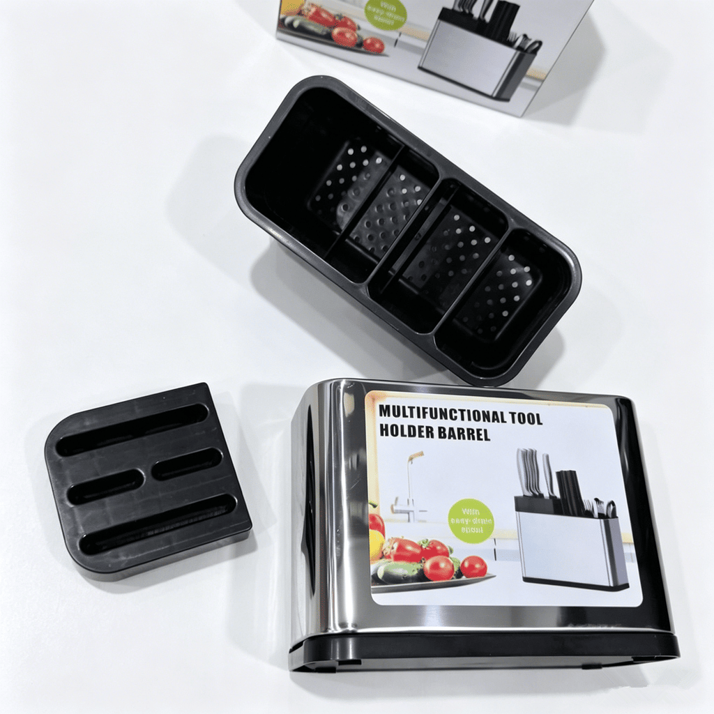 Stainless Steel Kitchen Utensil Holder with Knife Block & Divided Compartments - Silver/Black