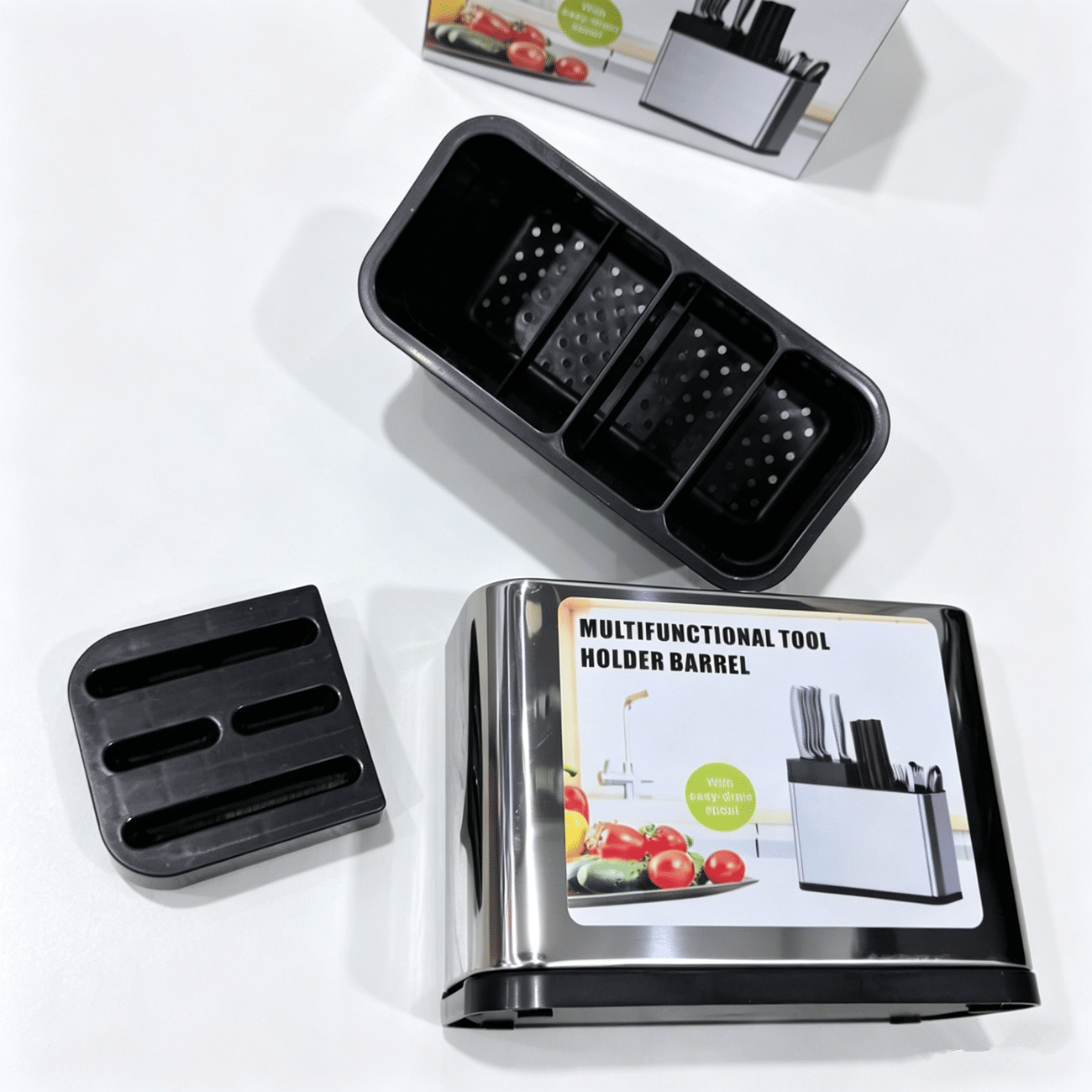 Stainless Steel Kitchen Utensil Holder with Knife Block & Divided Compartments - Silver/Black