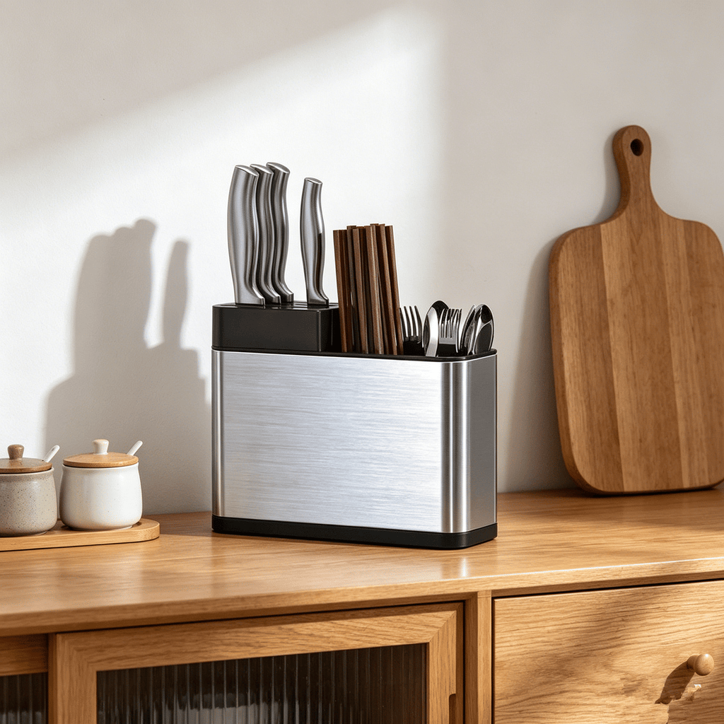 Stainless Steel Kitchen Utensil Holder with Knife Block & Divided Compartments - Silver/Black