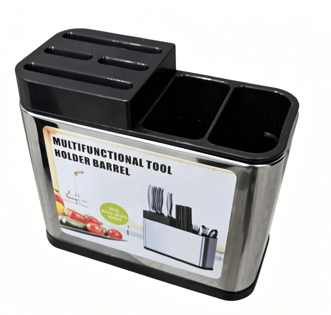Stainless Steel Kitchen Utensil Holder with Knife Block & Divided Compartments - Silver/Black