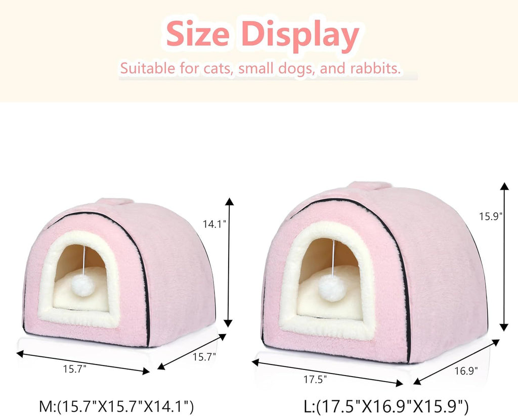2-in-1 Foldable Cat Cave Bed with Removable Cushion & Plush Ball - Pink