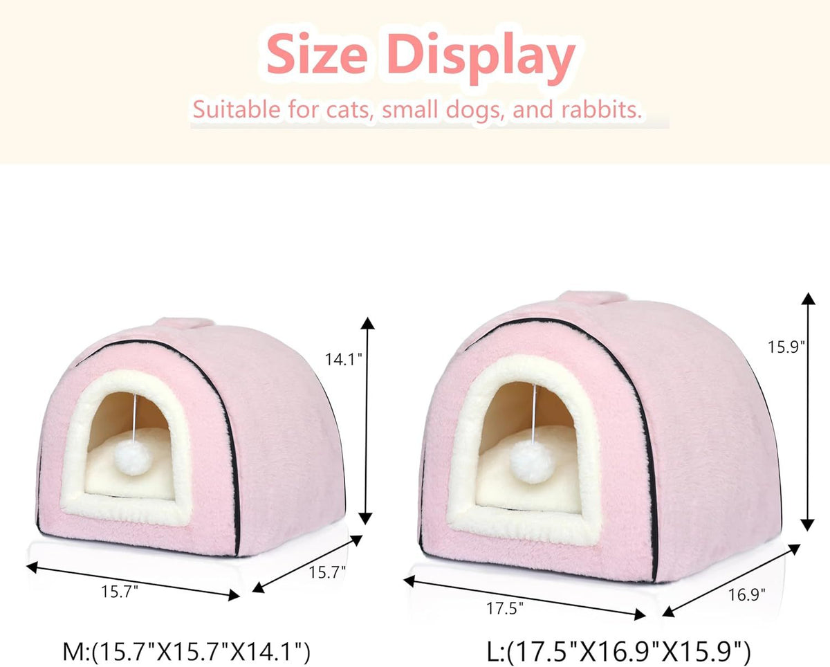 2-in-1 Foldable Cat Cave Bed with Removable Cushion & Plush Ball - Pink
