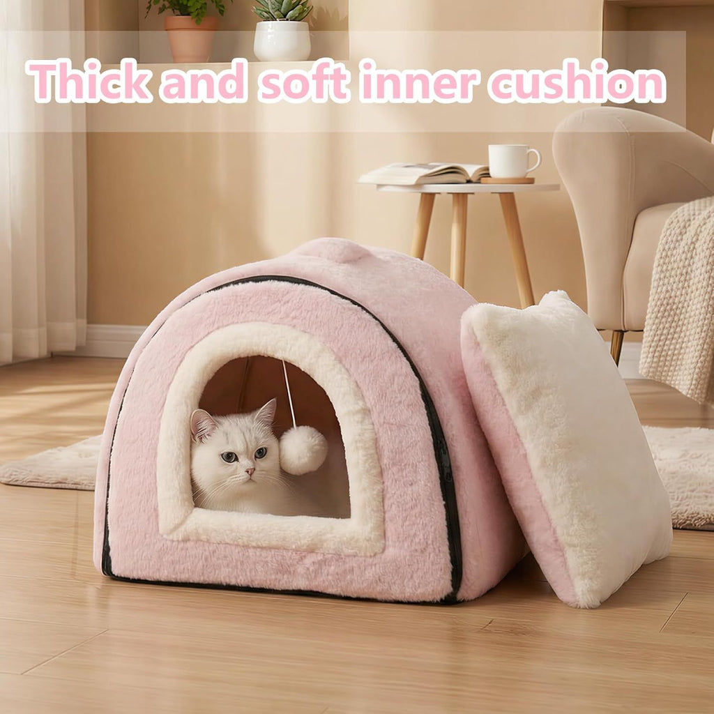 2-in-1 Foldable Cat Cave Bed with Removable Cushion & Plush Ball - Pink