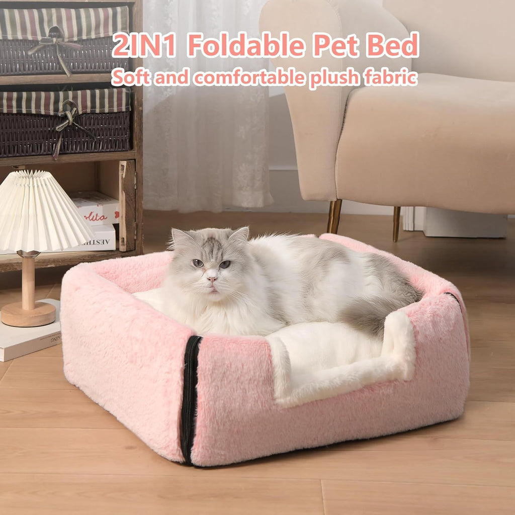 2-in-1 Foldable Cat Cave Bed with Removable Cushion & Plush Ball - Pink