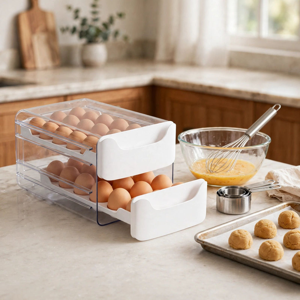 AEELLEEA 36-Egg Refrigerator Egg Holder, 2-Tier Drawer Storage Box, Food-Grade PP, Clear & White