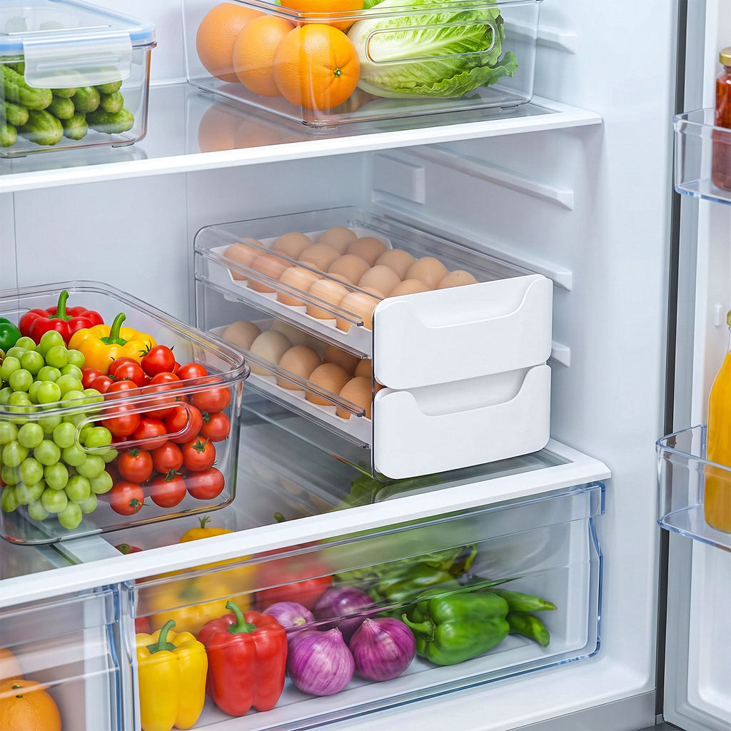 AEELLEEA 36-Egg Refrigerator Egg Holder, 2-Tier Drawer Storage Box, Food-Grade PP, Clear & White