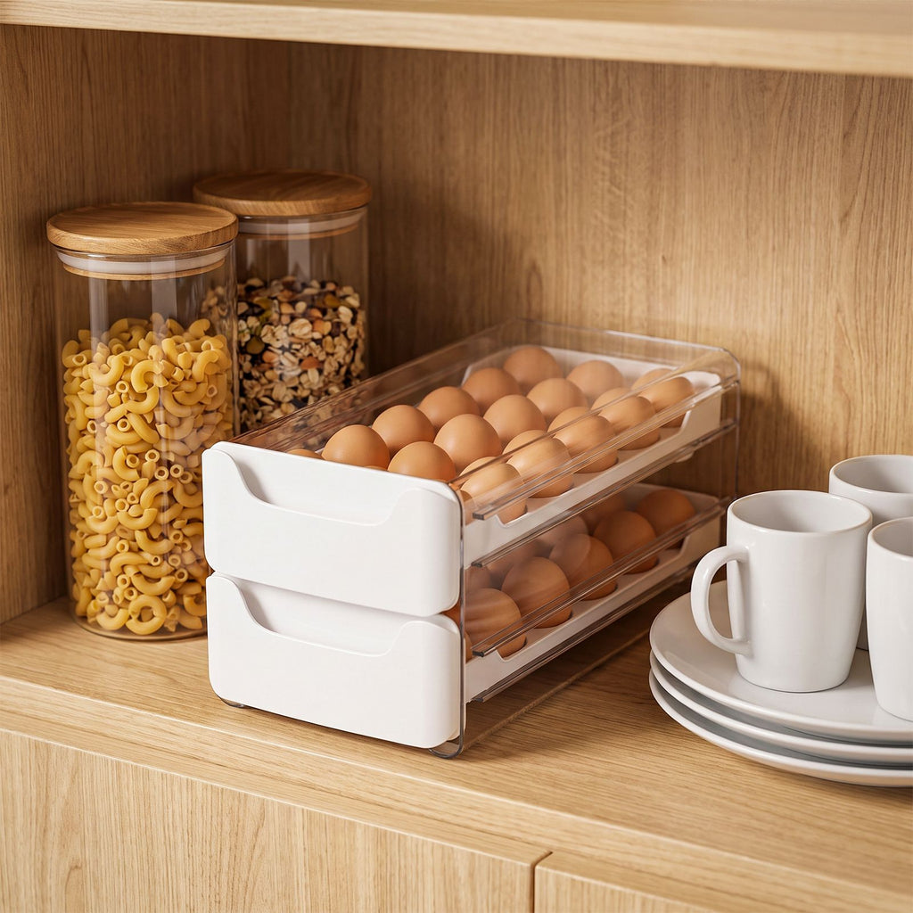 AEELLEEA 36-Egg Refrigerator Egg Holder, 2-Tier Drawer Storage Box, Food-Grade PP, Clear & White