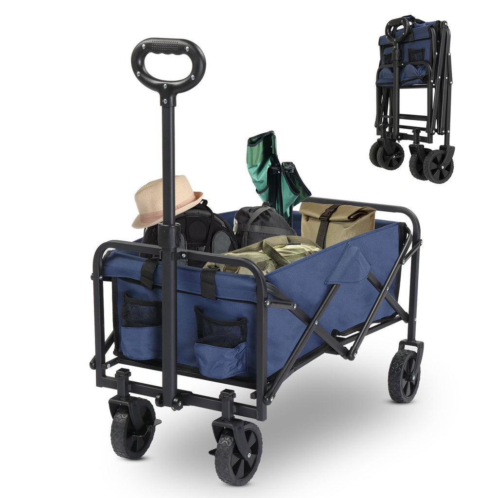 AEELLEEA Foldable Utility Wagon Cart, 220 lb Capacity, 600D Oxford Fabric with Metal Frame, Blue & Silver