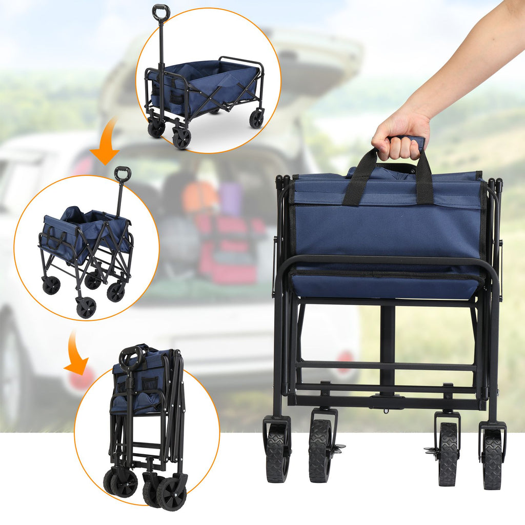 AEELLEEA Foldable Utility Wagon Cart, 220 lb Capacity, 600D Oxford Fabric with Metal Frame, Blue & Silver