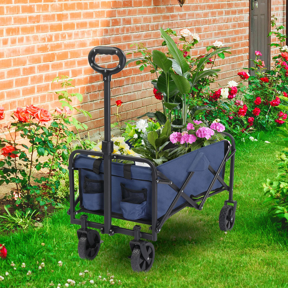 AEELLEEA Foldable Utility Wagon Cart, 220 lb Capacity, 600D Oxford Fabric with Metal Frame, Blue & Silver