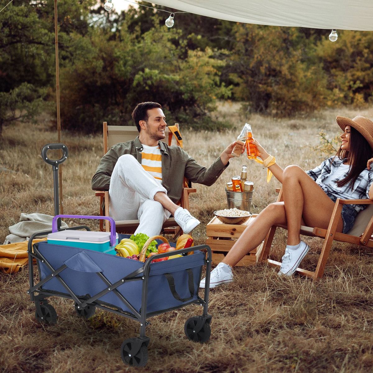 AEELLEEA Foldable Utility Wagon Cart, 220 lb Capacity, 600D Oxford Fabric with Metal Frame, Blue & Silver