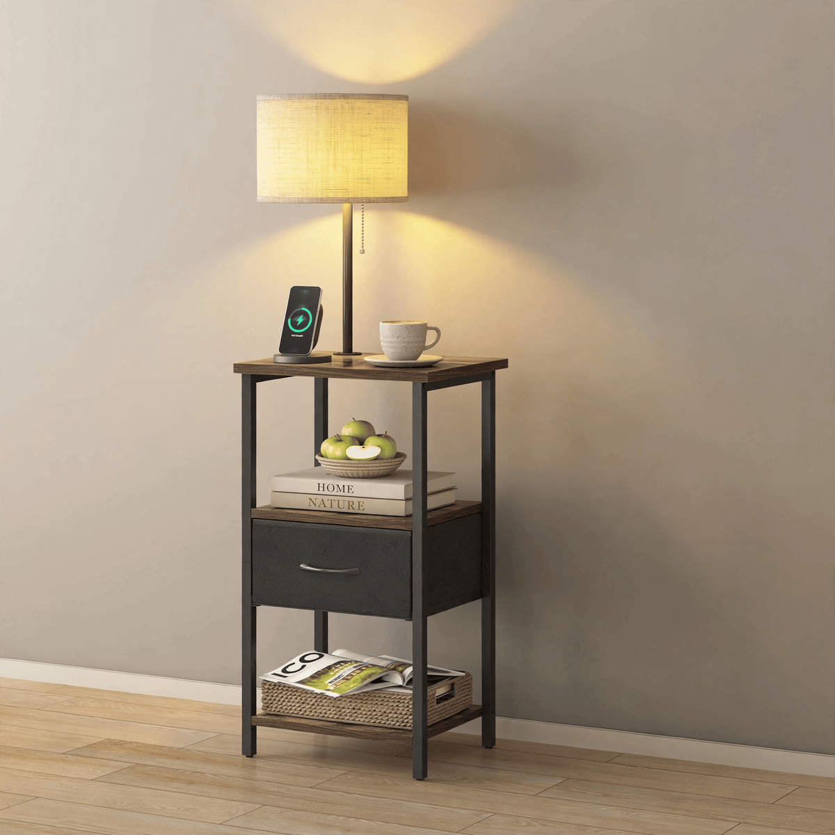 AEELLEEA Nightstand with Lamp and Charging Station, 1 Fabric Drawer, 2 AC Outlets, USB & Type-C Ports, Rustic Brown