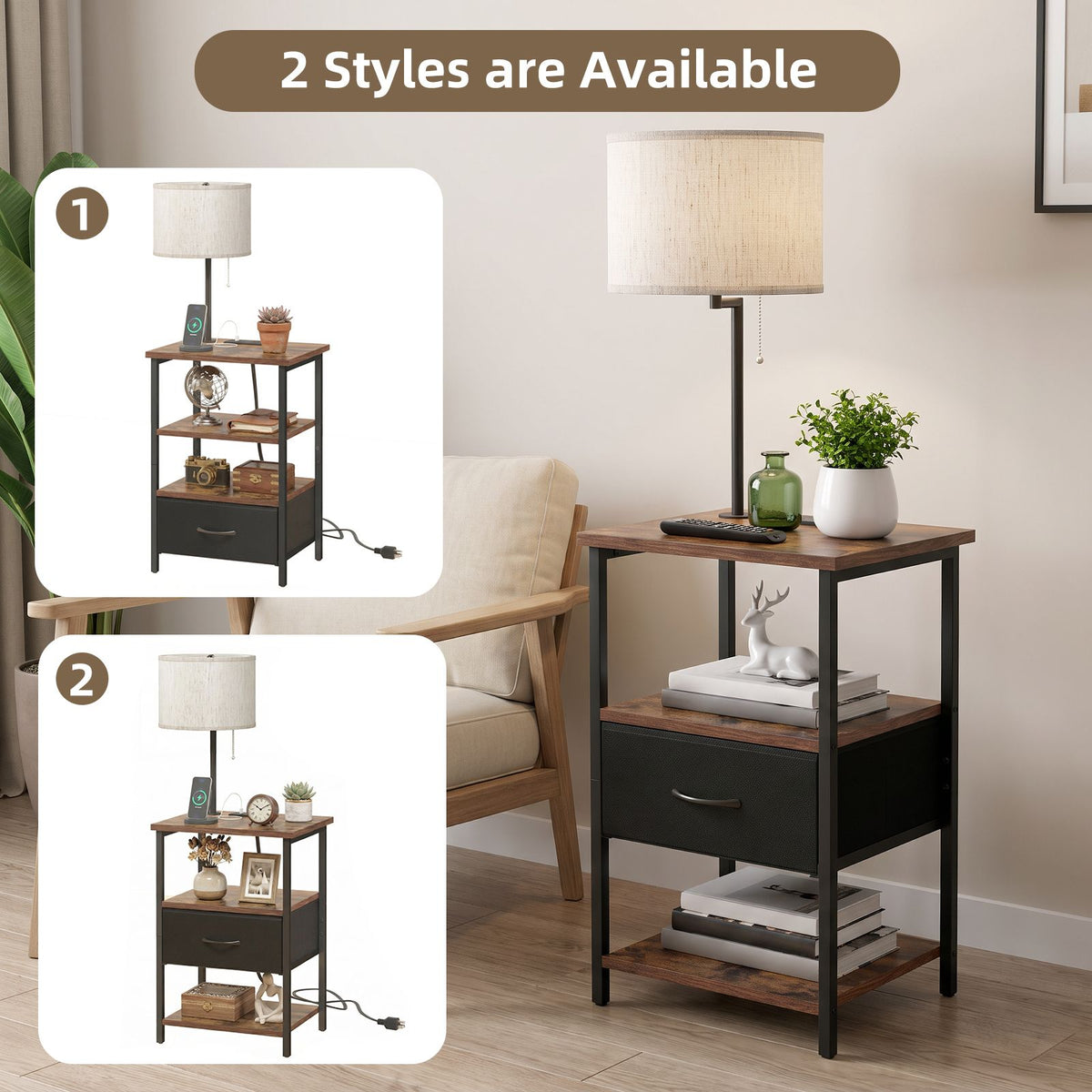 AEELLEEA Nightstand with Lamp and Charging Station, 1 Fabric Drawer, 2 AC Outlets, USB & Type-C Ports, Rustic Brown