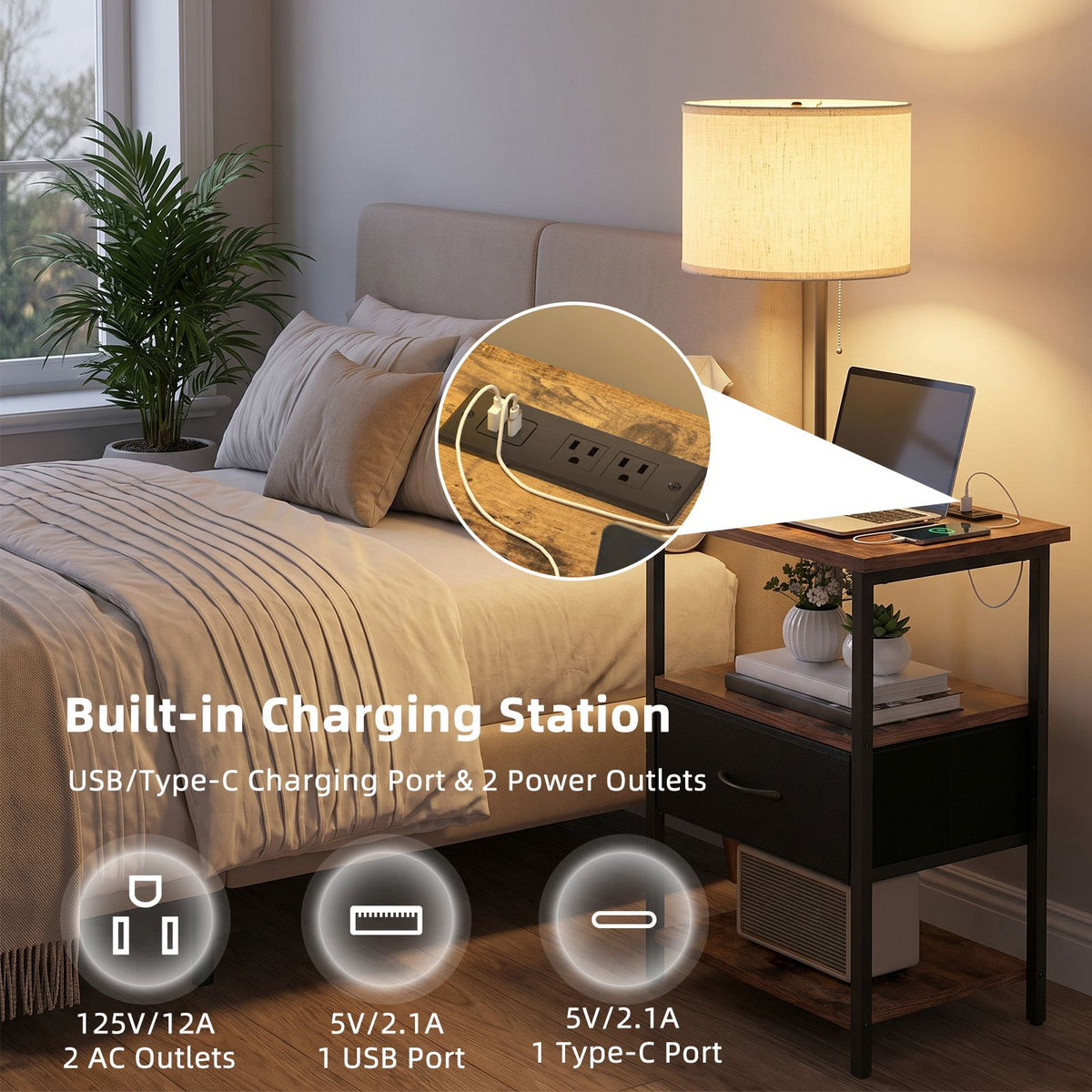AEELLEEA Nightstand with Lamp and Charging Station, 1 Fabric Drawer, 2 AC Outlets, USB & Type-C Ports, Rustic Brown