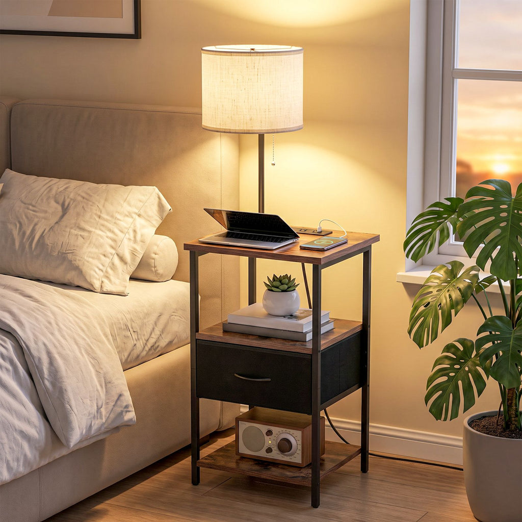 AEELLEEA Nightstand with Lamp and Charging Station, 1 Fabric Drawer, 2 AC Outlets, USB & Type-C Ports, Rustic Brown