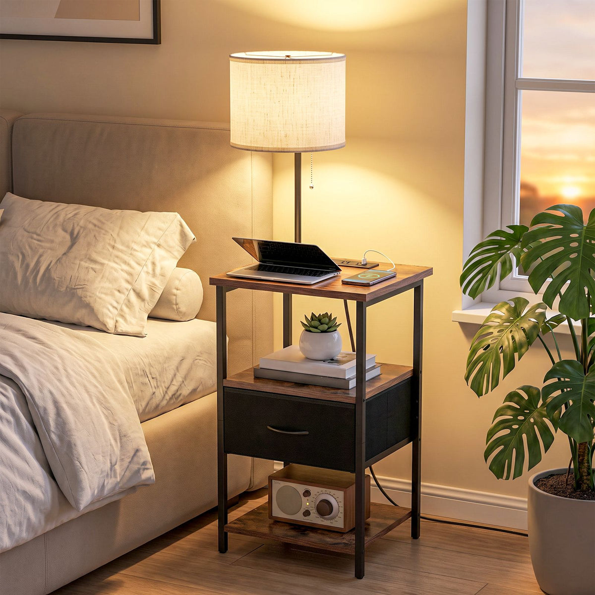 AEELLEEA Nightstand with Lamp and Charging Station, 1 Fabric Drawer, 2 AC Outlets, USB & Type-C Ports, Rustic Brown