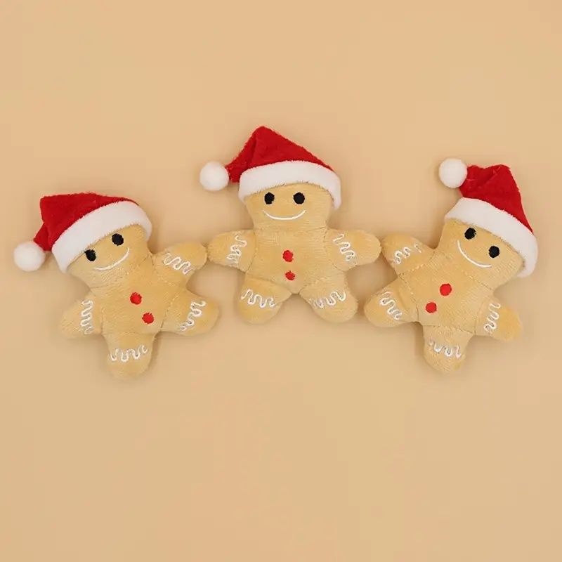 3pk Christmas Gingerbread Plush Pet Toys with Santa Hats - Soft Holiday Toys for Cats & Small Dogs