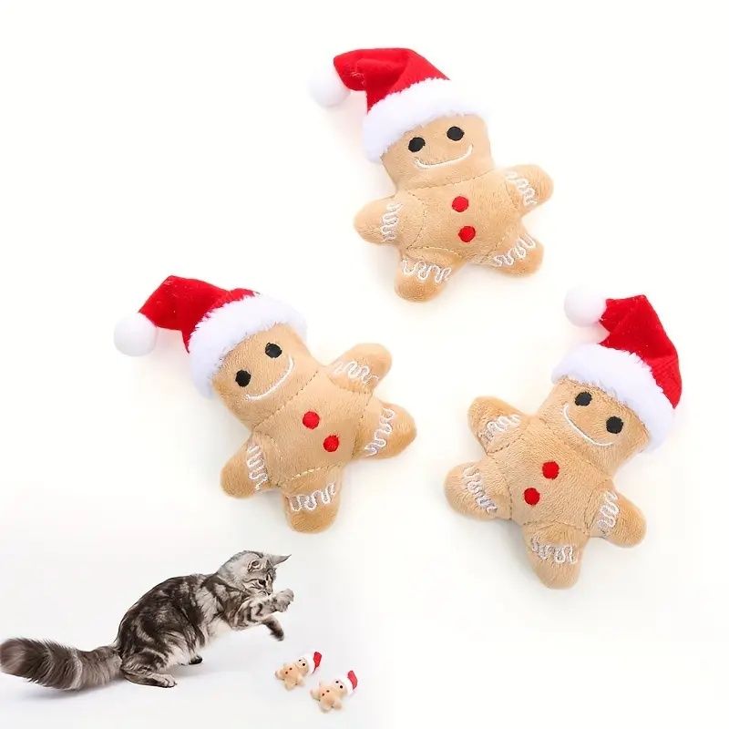 3pk Christmas Gingerbread Plush Pet Toys with Santa Hats - Soft Holiday Toys for Cats & Small Dogs