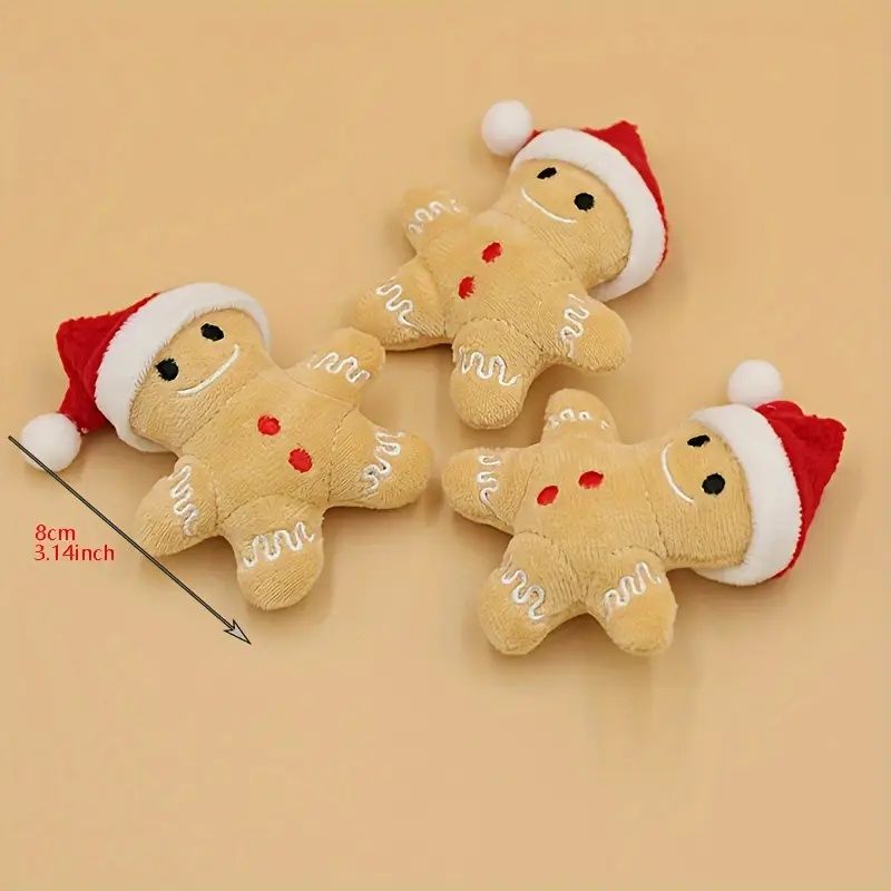 3pk Christmas Gingerbread Plush Pet Toys with Santa Hats - Soft Holiday Toys for Cats & Small Dogs