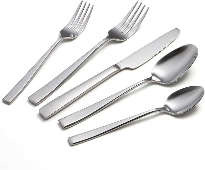 AEELLEEA 40-Piece Stainless Steel Flatware Set for 8, Mirror Finish Forks, Spoons & Knives, Dishwasher Safe, Silver