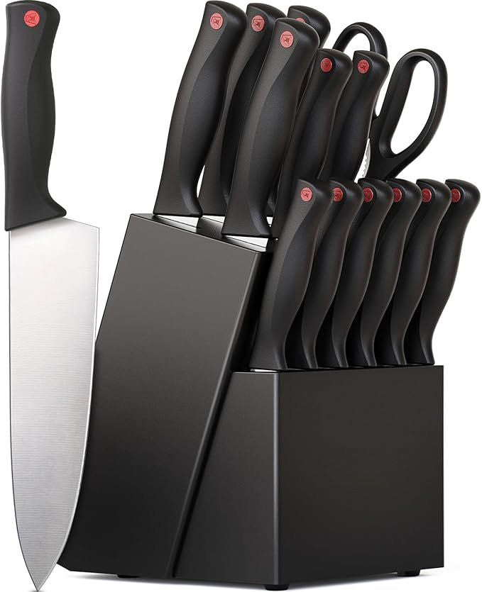 AEELLEEA 15-Piece Stainless Steel Kitchen Knife Set with Block & Built-In Sharpener, Dishwasher Safe, Black