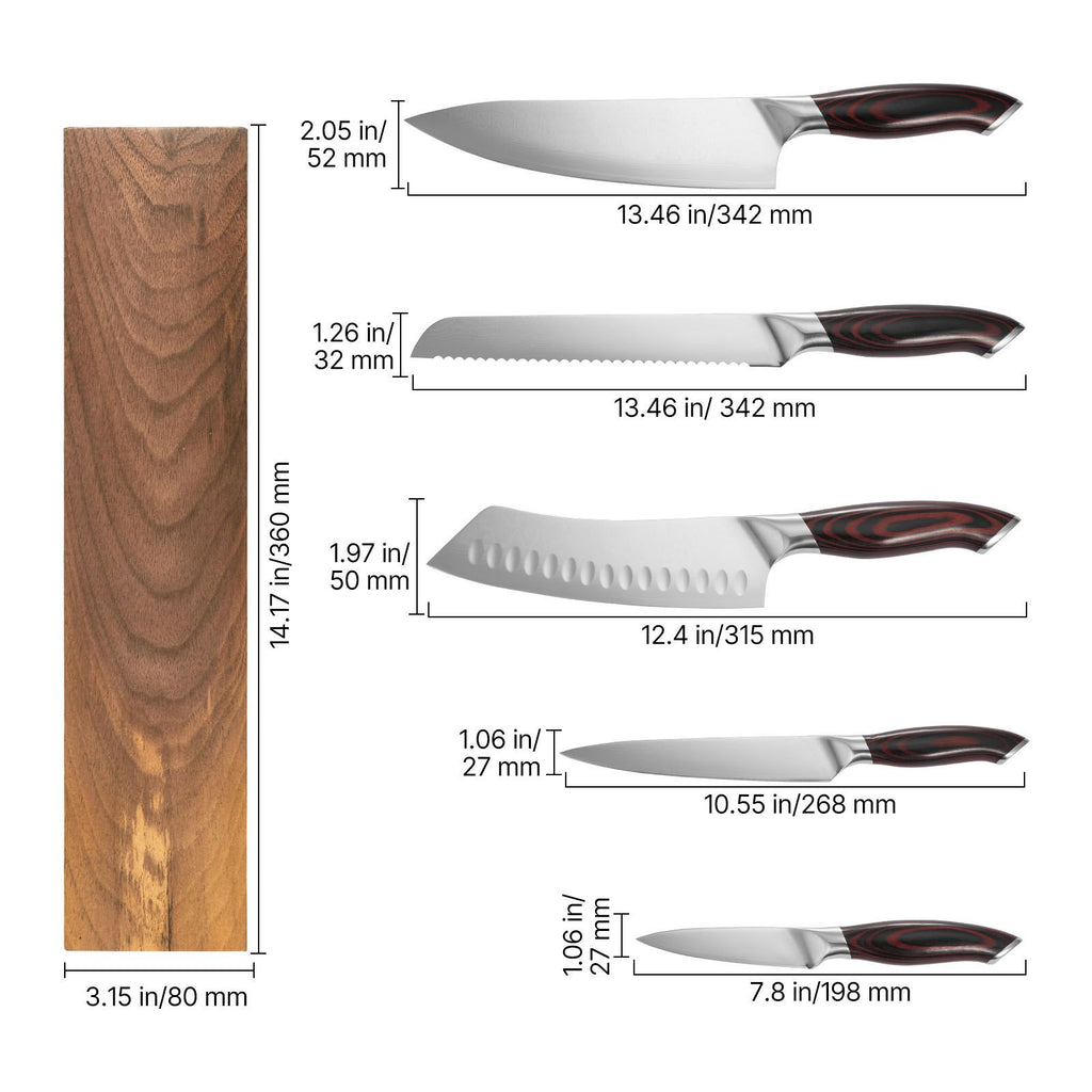 AEELLEEA 6-Piece High-Carbon Stainless Steel Kitchen Knife Set with Ergonomic Handles & Walnut-Finish Magnetic Holder