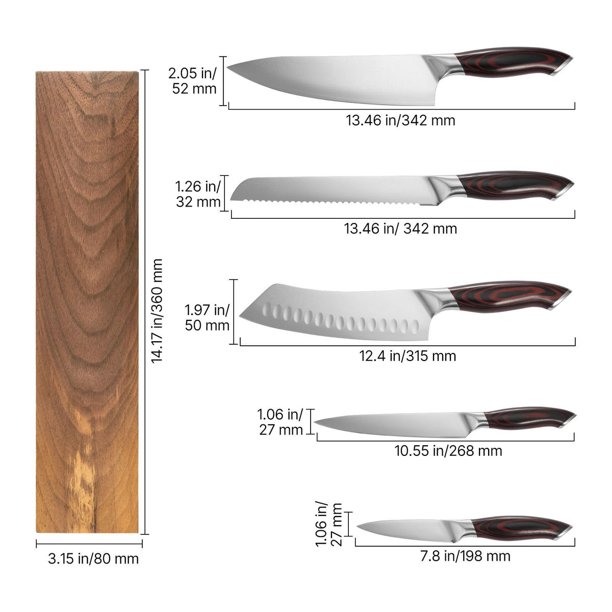AEELLEEA 6-Piece High-Carbon Stainless Steel Kitchen Knife Set with Ergonomic Handles & Walnut-Finish Magnetic Holder
