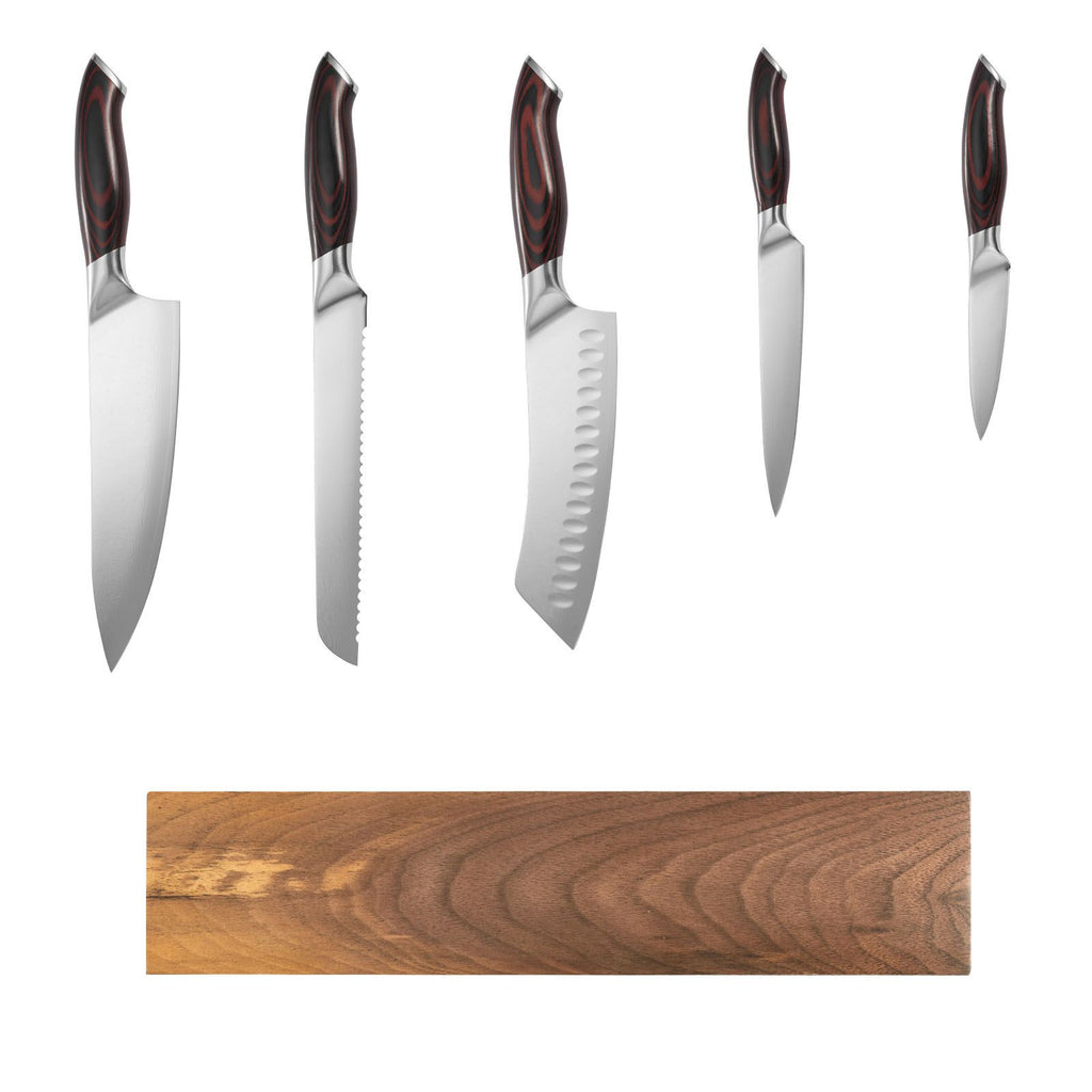 AEELLEEA 6-Piece High-Carbon Stainless Steel Kitchen Knife Set with Ergonomic Handles & Walnut-Finish Magnetic Holder