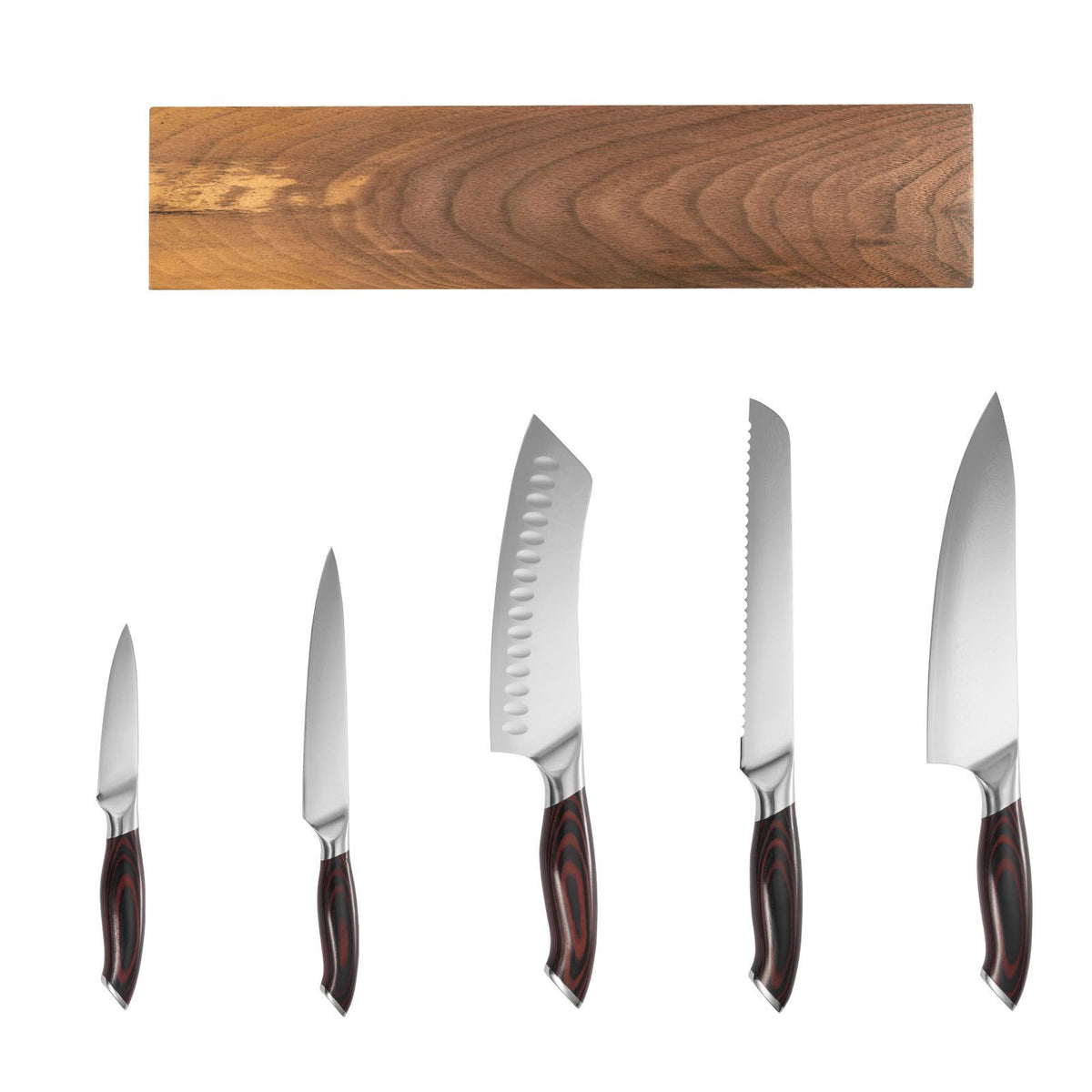 AEELLEEA 6-Piece High-Carbon Stainless Steel Kitchen Knife Set with Ergonomic Handles & Walnut-Finish Magnetic Holder