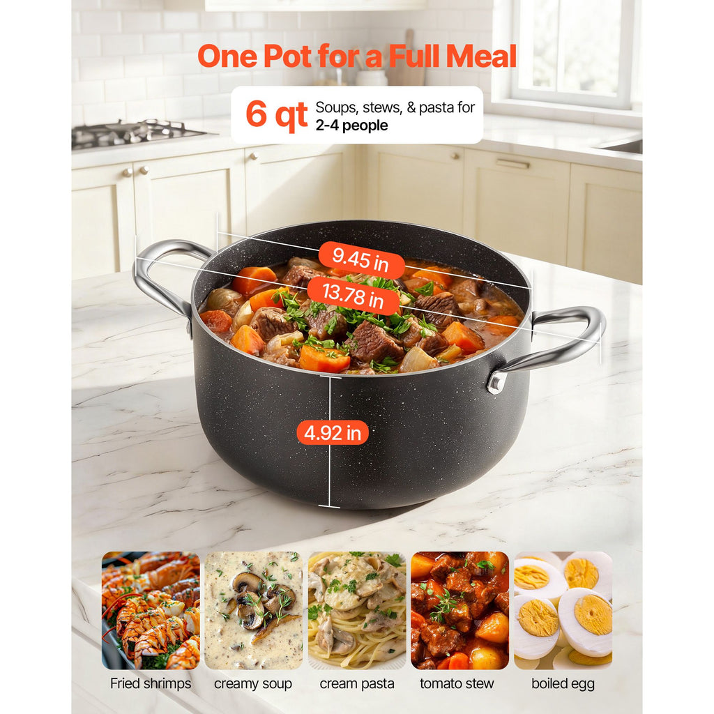 6qt Nonstick Stock Pot with Tempered Glass Lid, Ceramic Coating, Induction Compatible, Black