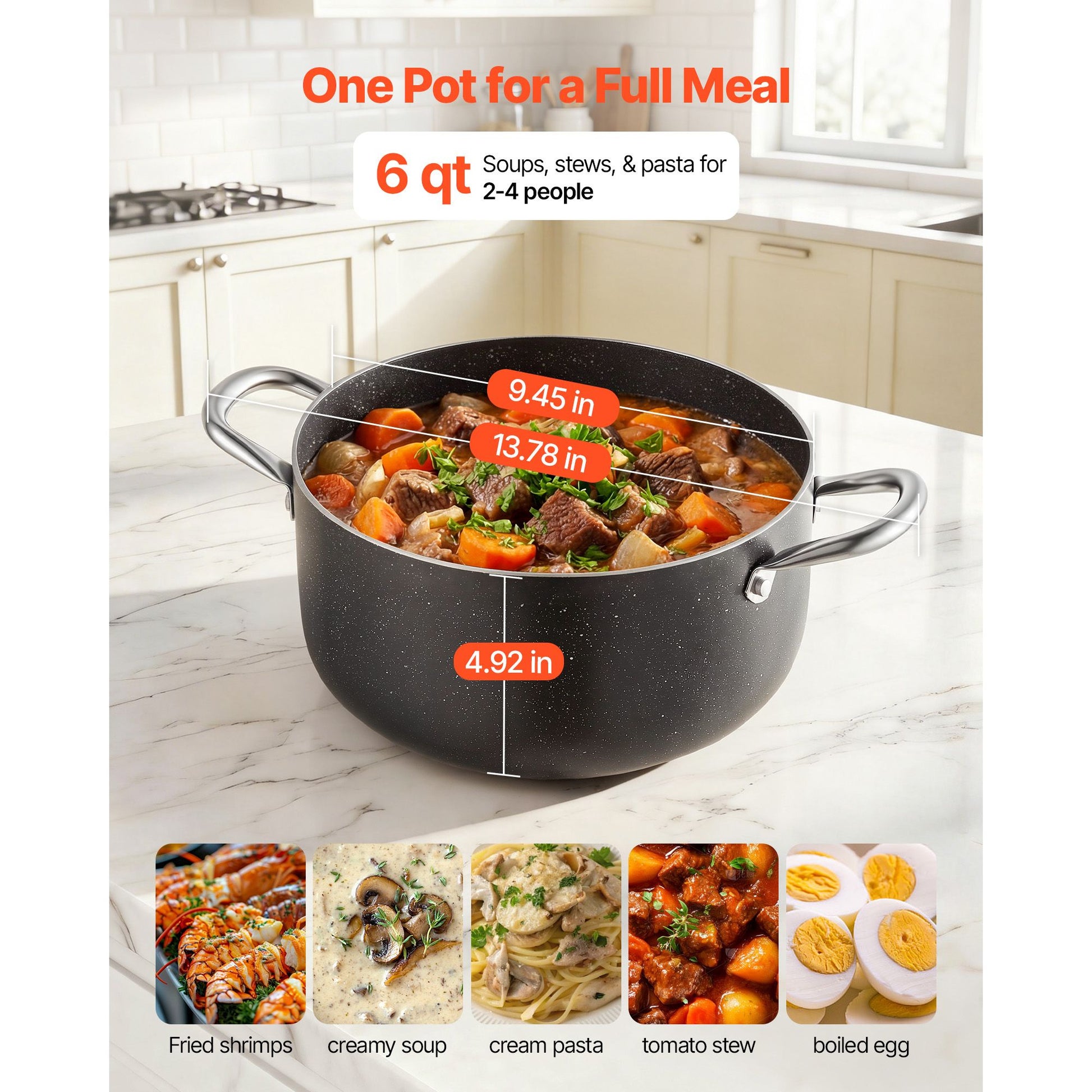 6qt Nonstick Stock Pot with Tempered Glass Lid, Ceramic Coating, Induction Compatible, Black