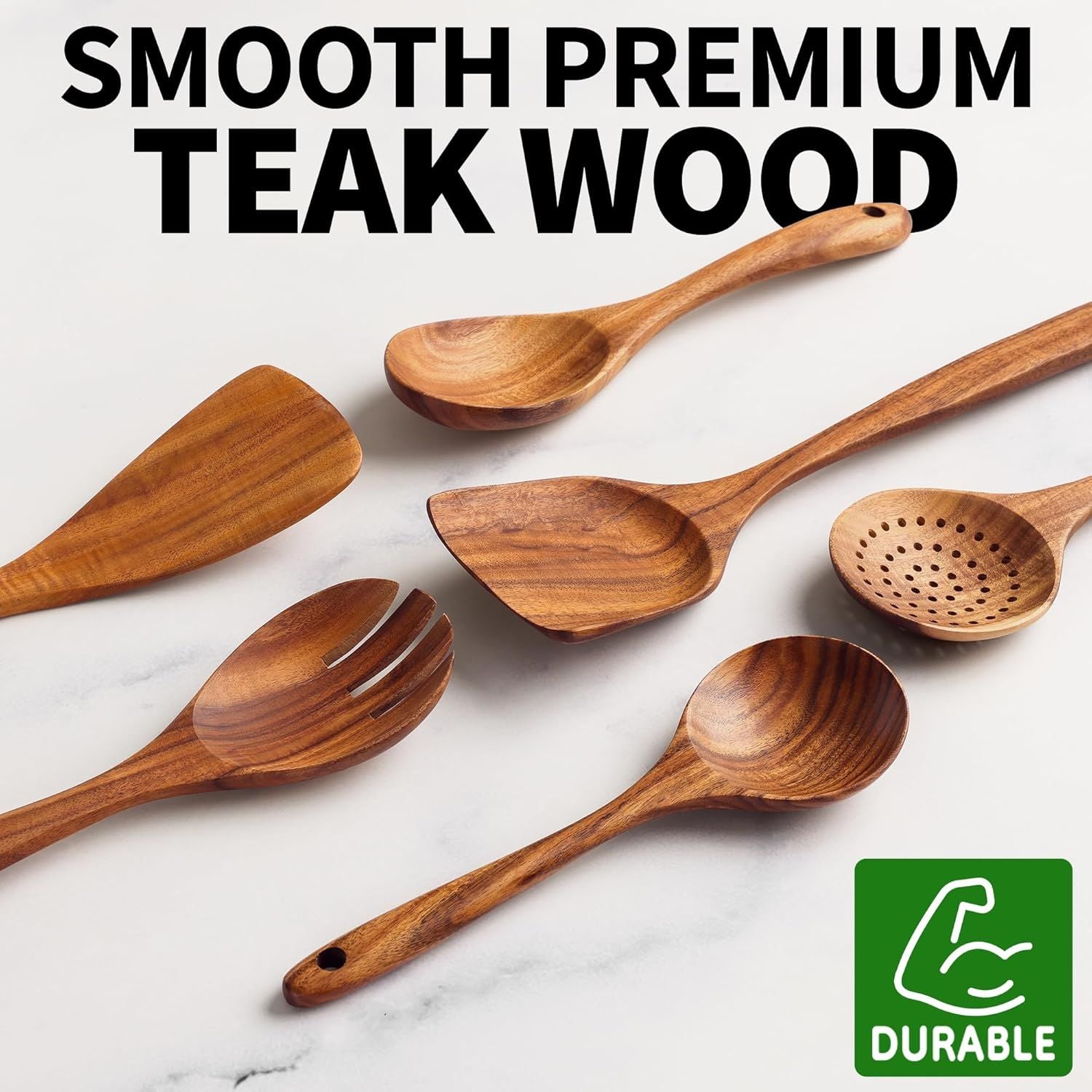 6-Piece Teak Wood Cooking Utensil Set, Non-Scratch Wooden Spoons & Spatulas for Kitchen