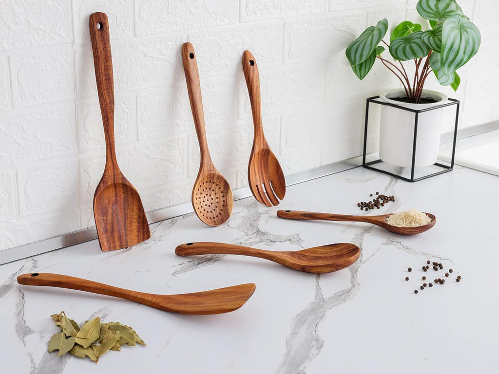6-Piece Teak Wood Cooking Utensil Set, Non-Scratch Wooden Spoons & Spatulas for Kitchen