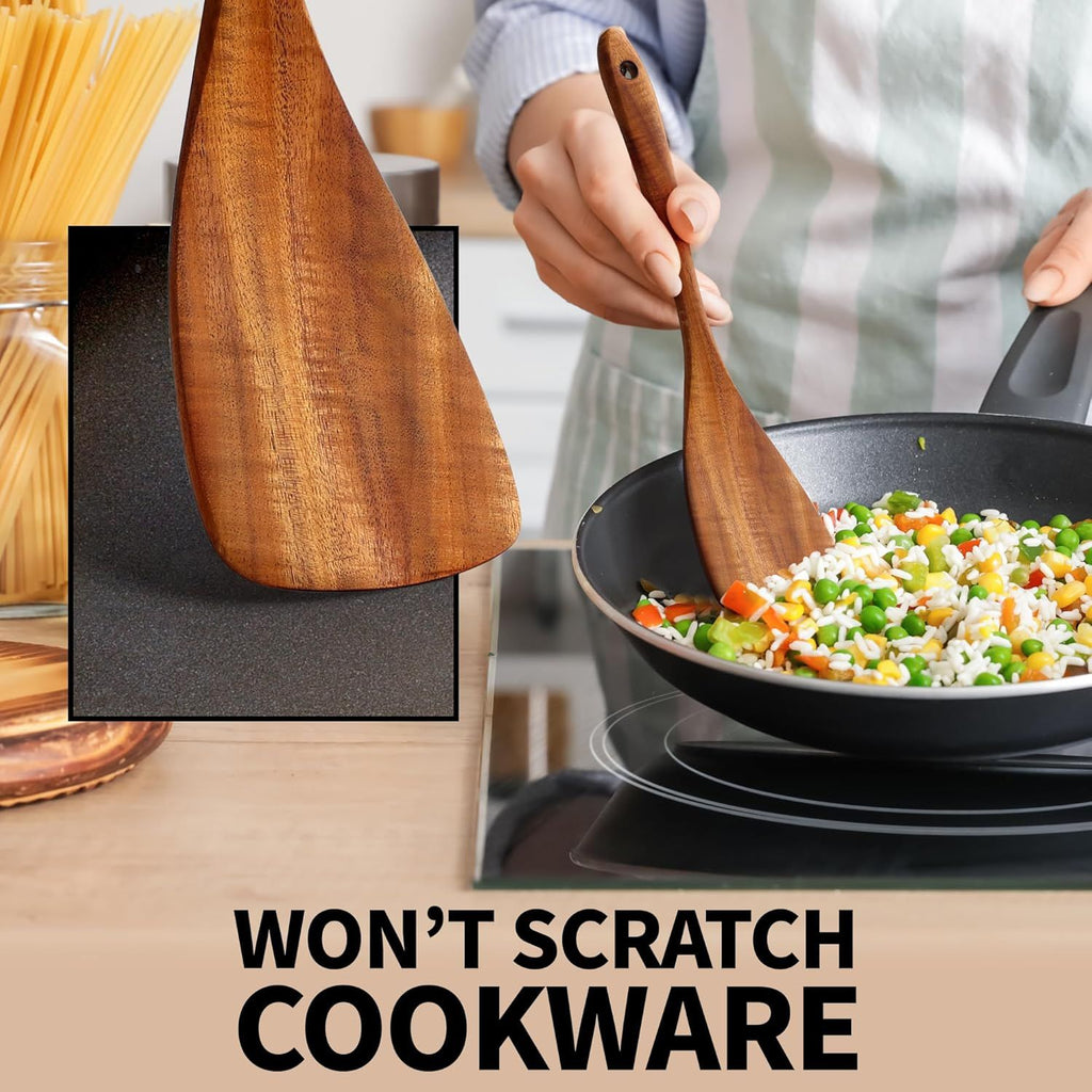 6-Piece Teak Wood Cooking Utensil Set, Non-Scratch Wooden Spoons & Spatulas for Kitchen