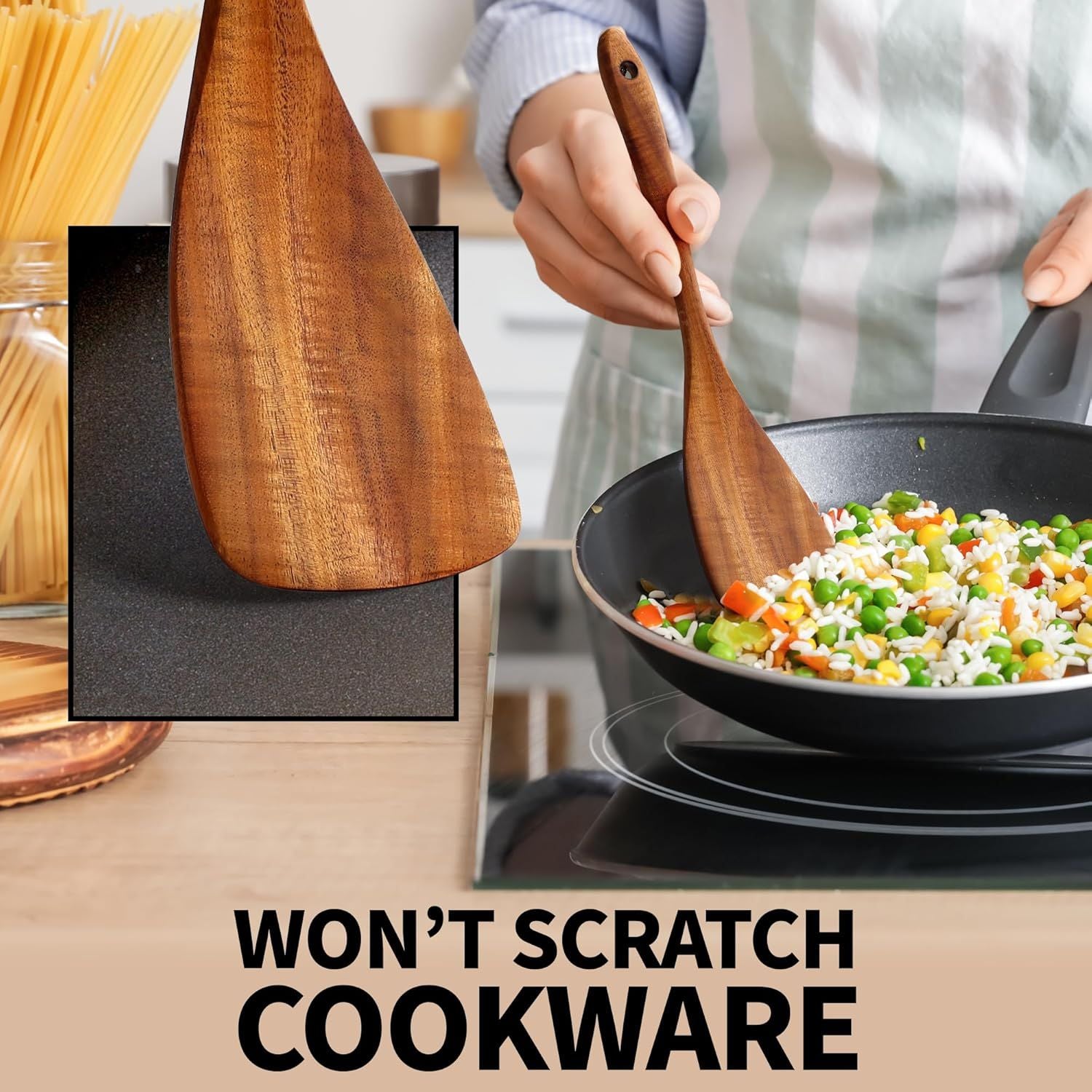 6-Piece Teak Wood Cooking Utensil Set, Non-Scratch Wooden Spoons & Spatulas for Kitchen