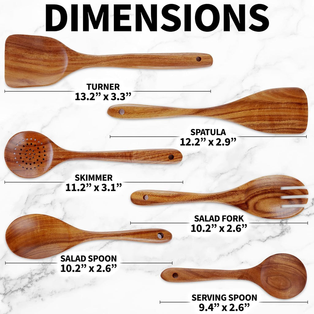 6-Piece Teak Wood Cooking Utensil Set, Non-Scratch Wooden Spoons & Spatulas for Kitchen