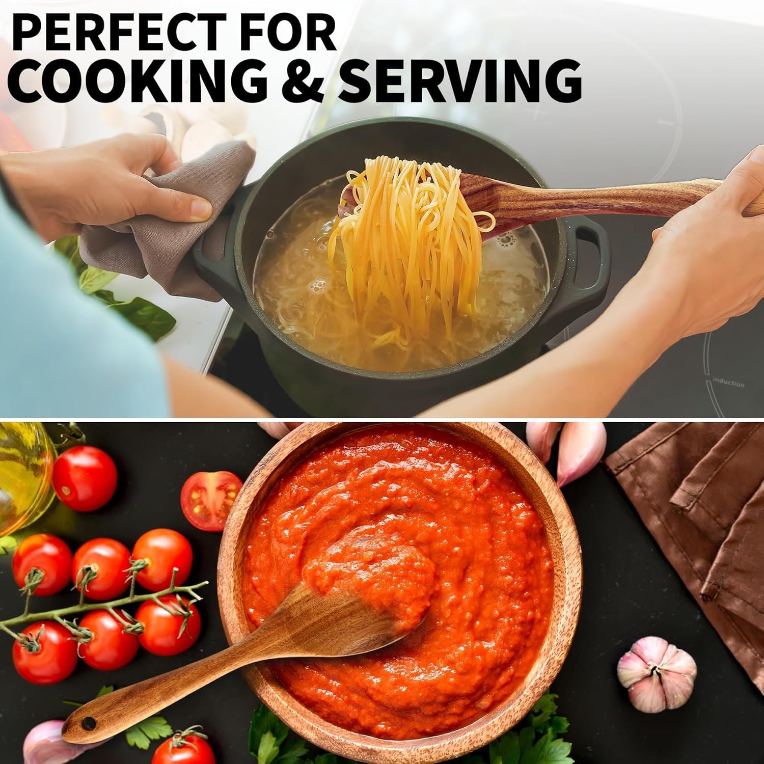 6-Piece Teak Wood Cooking Utensil Set, Non-Scratch Wooden Spoons & Spatulas for Kitchen