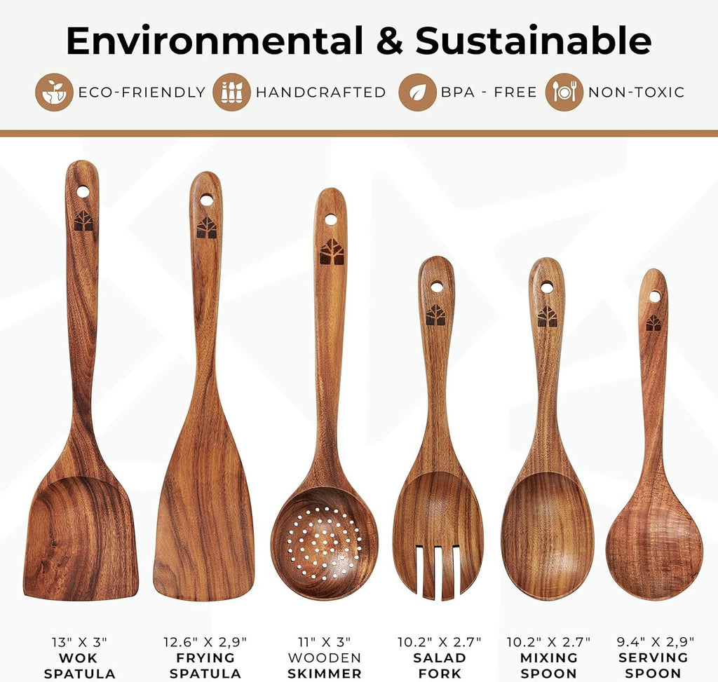 6-Piece Teak Wood Cooking Utensil Set, Non-Scratch Wooden Spoons & Spatulas for Kitchen