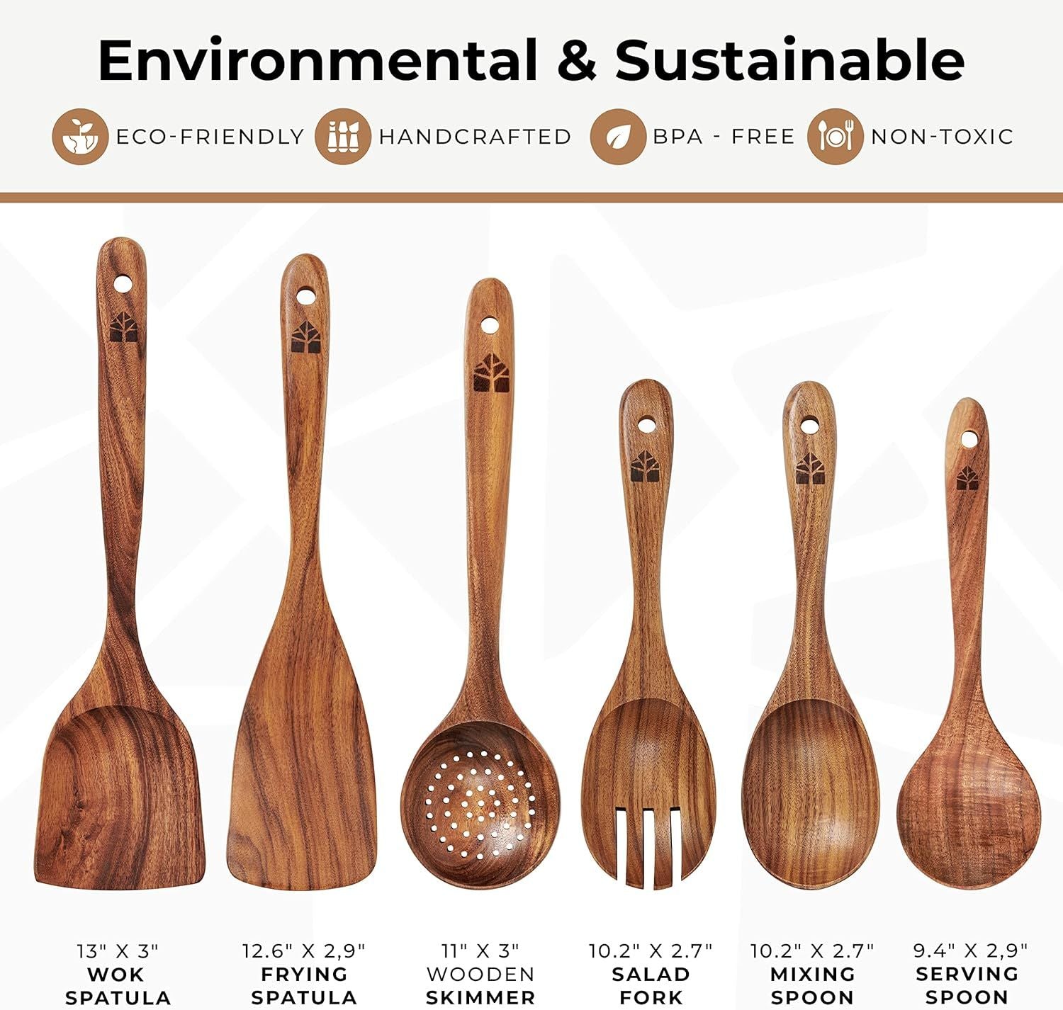 6-Piece Teak Wood Cooking Utensil Set, Non-Scratch Wooden Spoons & Spatulas for Kitchen