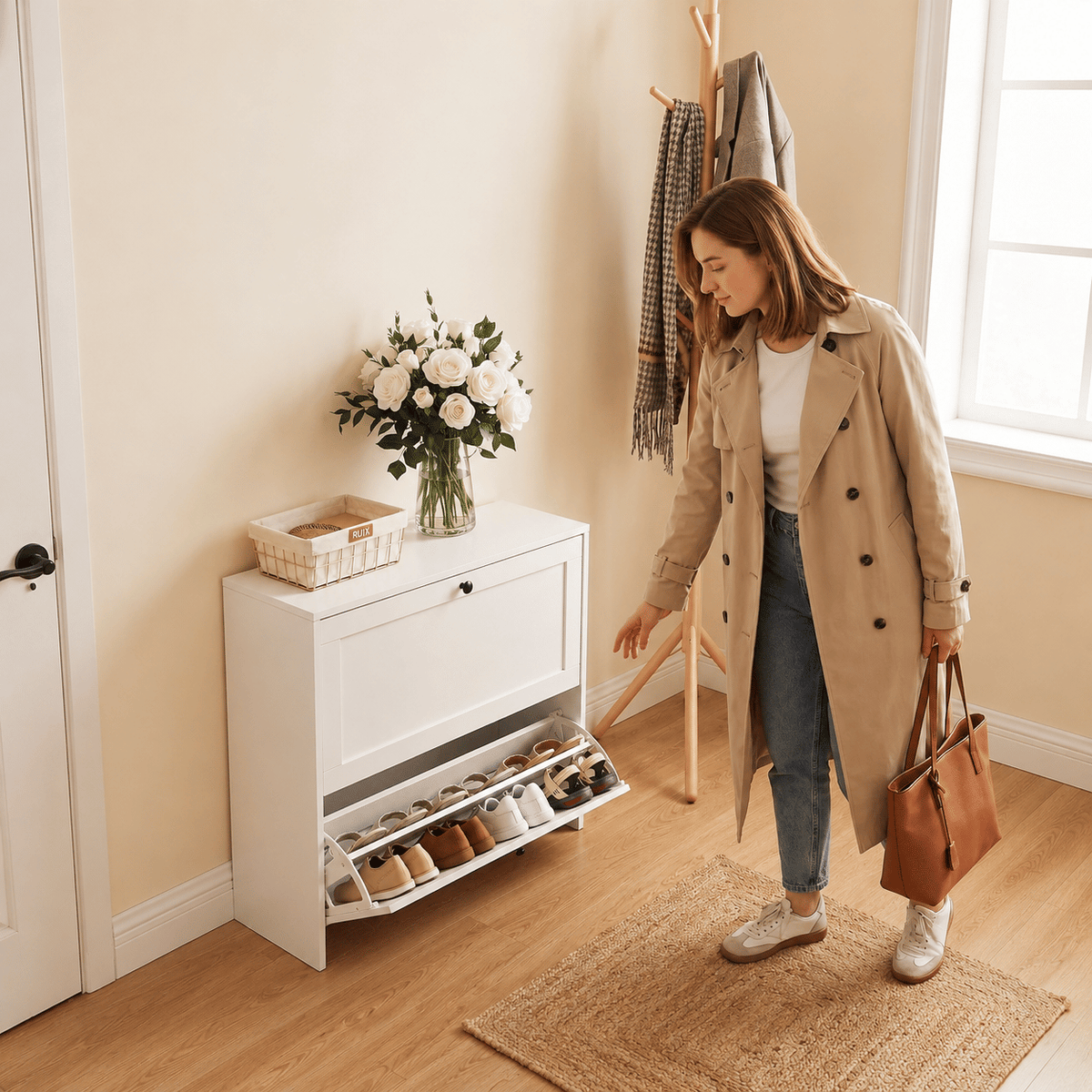 AEELLEEA Slim Shoe Cabinet with 2 Flip Drawers, Anti-Tip Narrow Shoe Storage Organizer, White, 31.5"