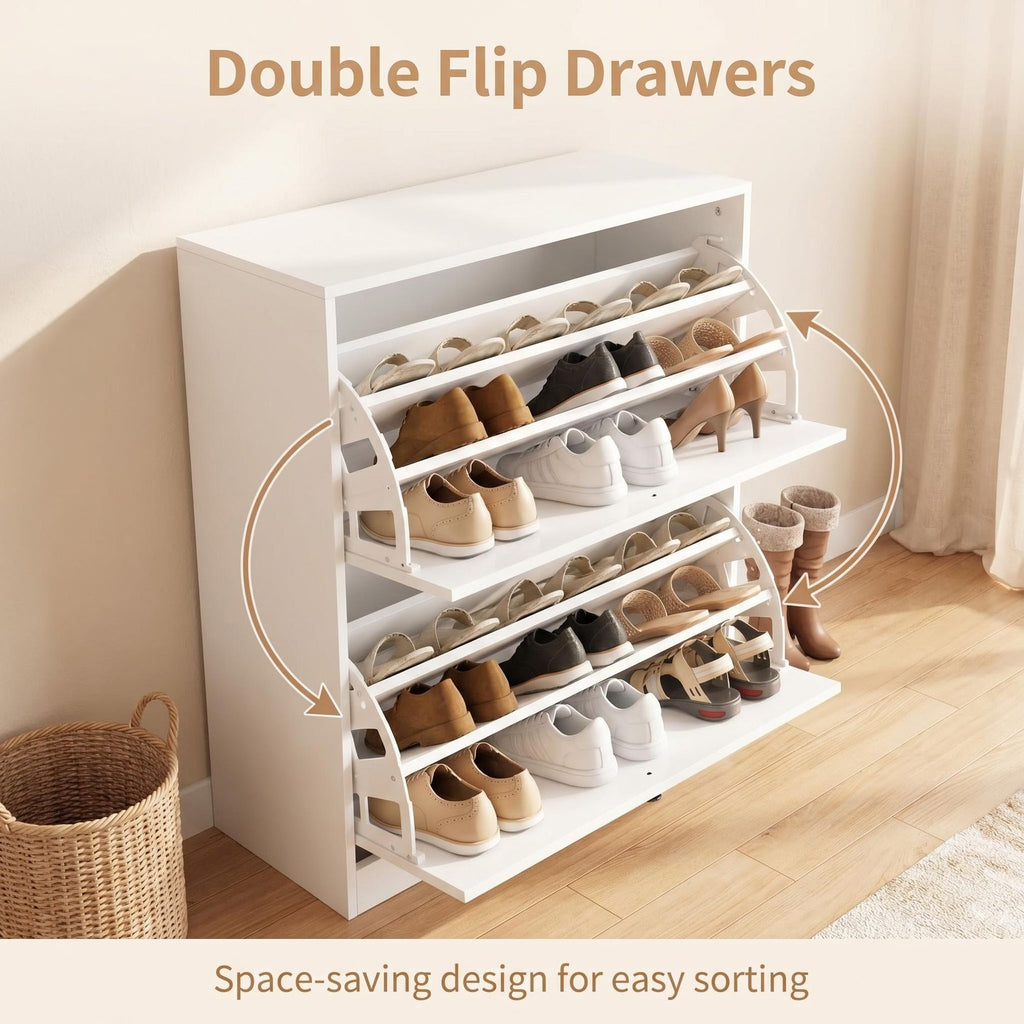 AEELLEEA Slim Shoe Cabinet with 2 Flip Drawers, Anti-Tip Narrow Shoe Storage Organizer, White, 31.5"