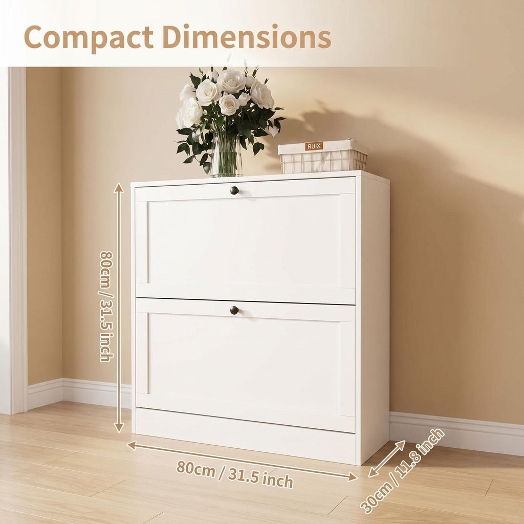 AEELLEEA Slim Shoe Cabinet with 2 Flip Drawers, Anti-Tip Narrow Shoe Storage Organizer, White, 31.5"